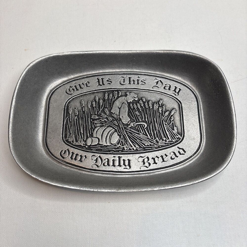 "Give Us This Day Our Daily Bread" Silver Matte Metal Relief Tray Plate
